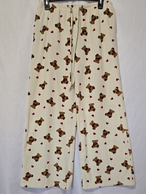 ShoSho Cozy Teddy Bear Heart Print Wide Leg Pajama Lounge Pants Cream L